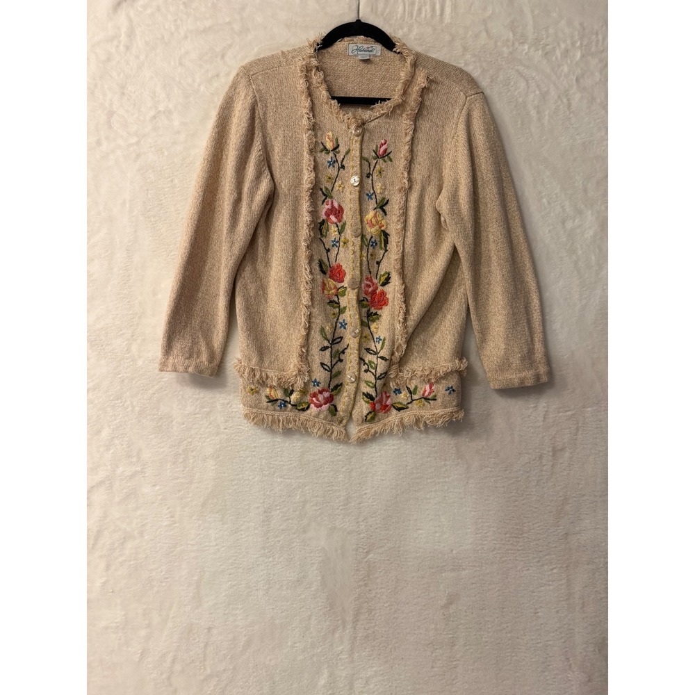 Haband Floral Embroidered Fringed Cardigan Sweater Beige Tan Large Vintage Style